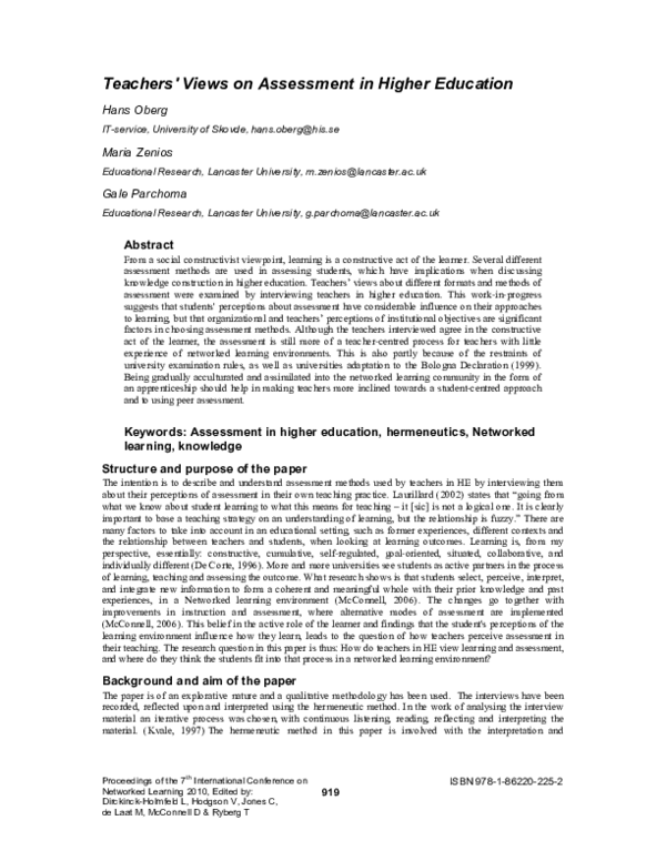 (PDF) Teachers' views on assessment in higher education