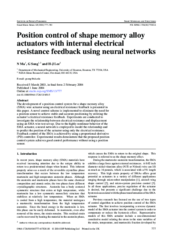 (PDF) Position control of shape memory alloy actuators with internal ...