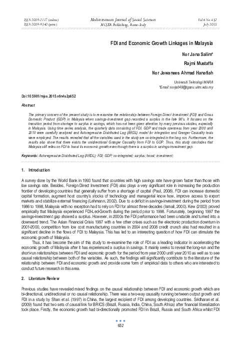 (PDF) FDI and Economic Growth Linkages in Malaysia
