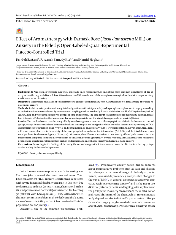(PDF) Effect of Aromatherapy with Damask Rose (Rosa damascena Mill.) on ...
