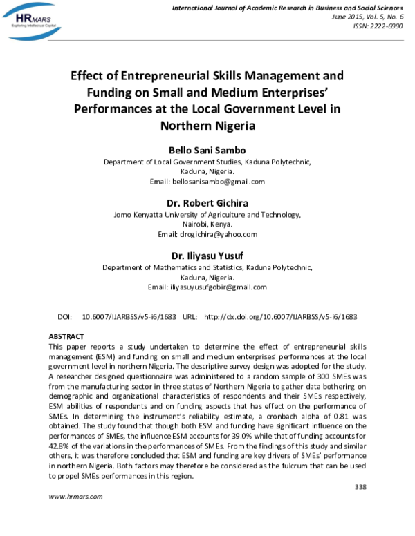 (PDF) Effect of Entrepreneurial Skills Management and Funding on Small ...