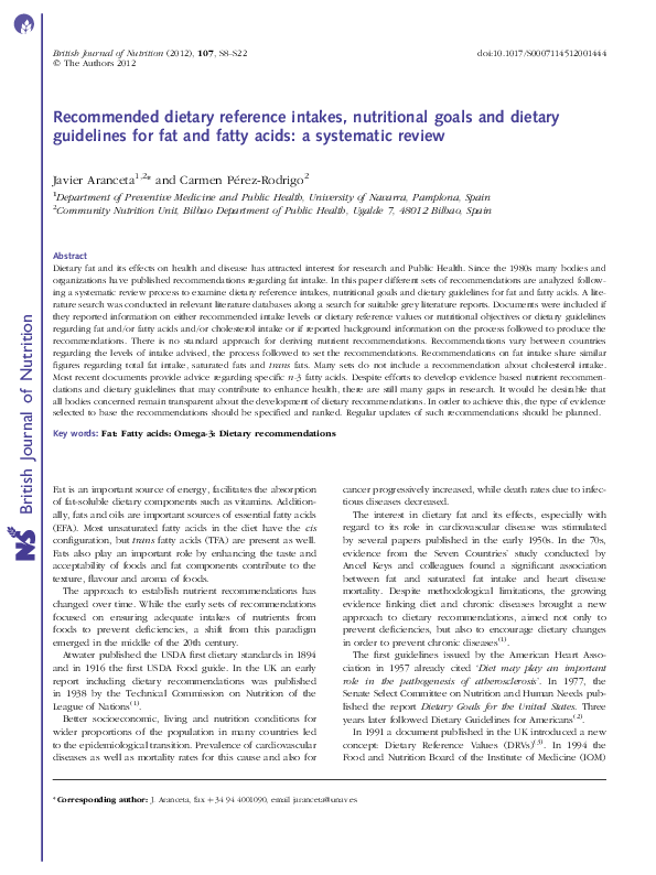 (PDF) Recommended dietary reference intakes, nutritional goals and ...