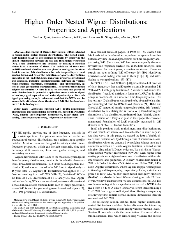 (PDF) Higher Order Nested Wigner Distributions: Properties and Applications