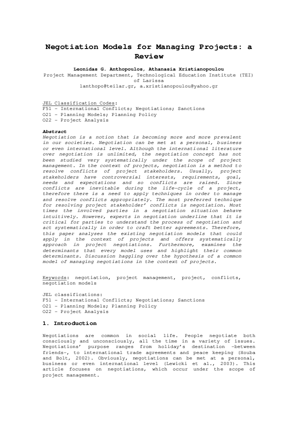 (PDF) Negotiation Models for Managing Projects: a Review