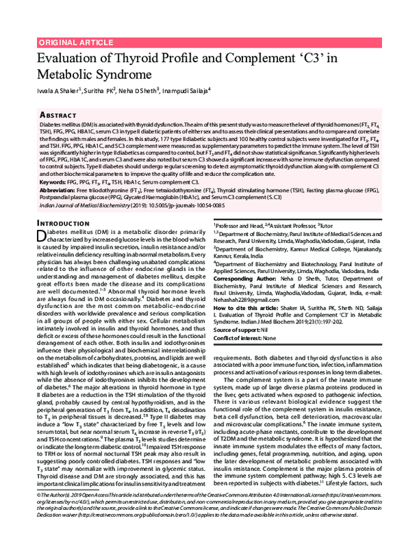 (PDF) Evaluation of Thyroid Profile and Complement ‘C3’ in Metabolic ...