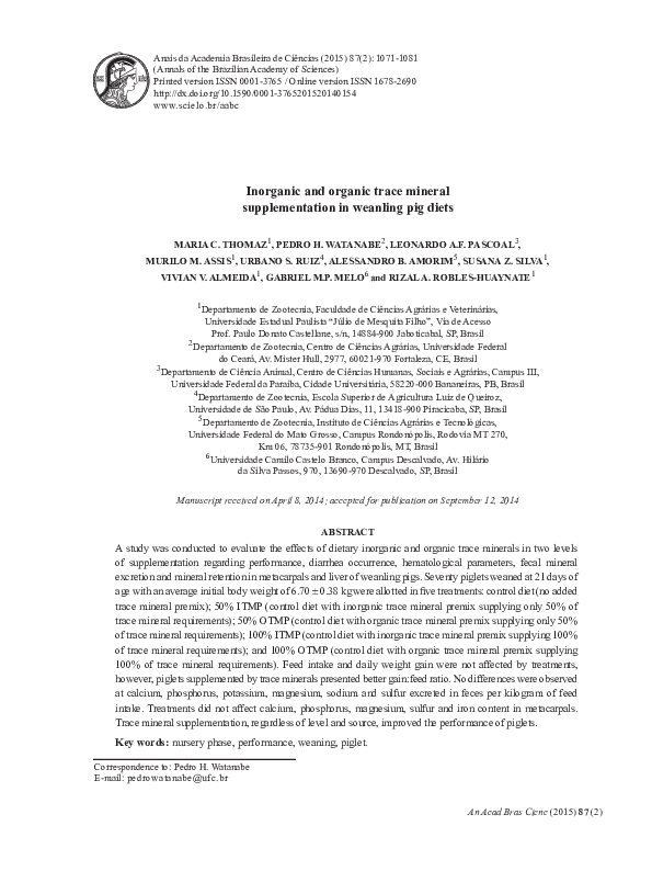 (PDF) and organic trace mineral supplementation in weanling pig diets Pedro Watanabe