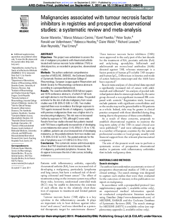 (PDF) Malignancies associated with tumour necrosis factor inhibitors in ...