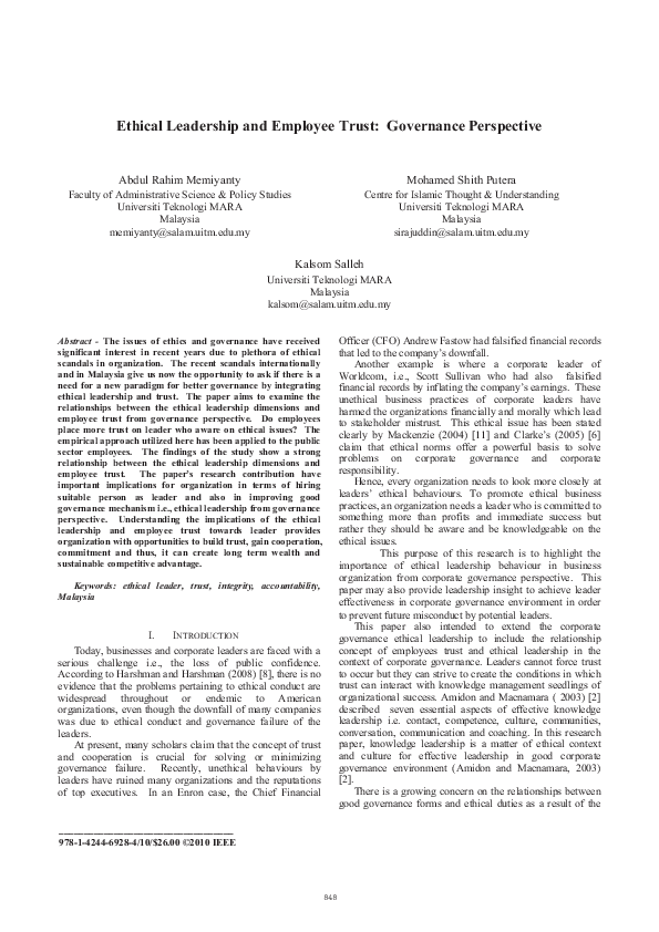 (PDF) Ethical leadership and employee trust: Governance perspective