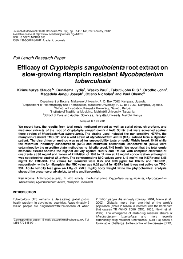 (PDF) Cryptolepis sanguinolenta against TB drug resistance