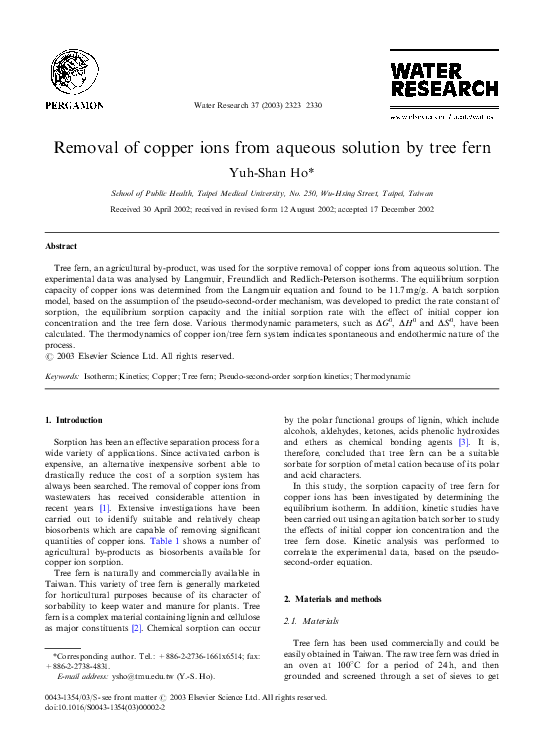 (PDF) Removal of copper ions from aqueous solution by adsorption using ...