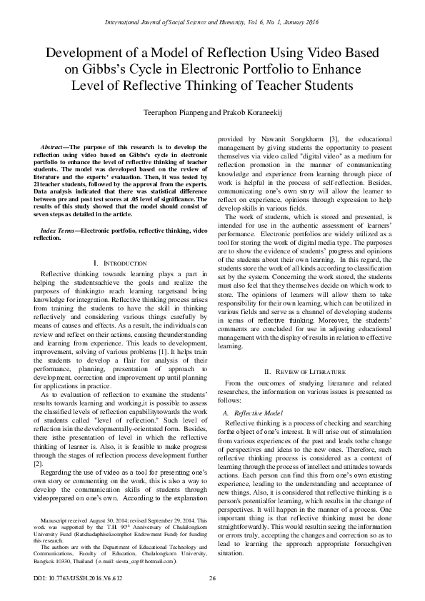 (PDF) Development of a Model of Reflection Using Video Based on Gibbs’s ...