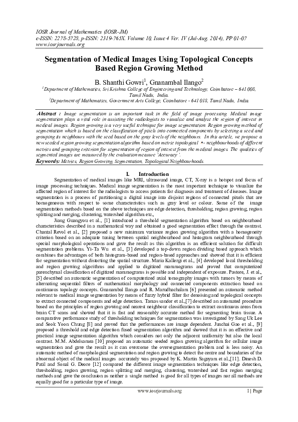 (PDF) Segmentation of Medical Images Using Topological Concepts Based ...