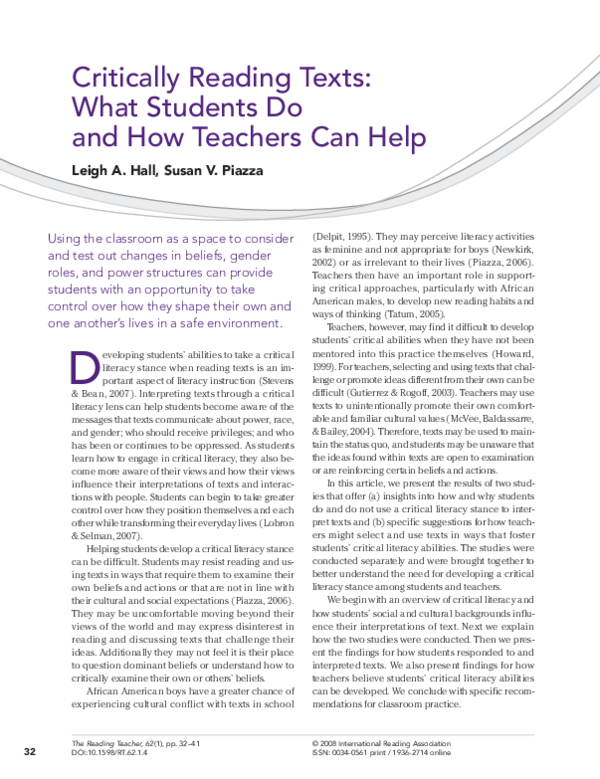 (PDF) Critically Reading Texts: What Students Do and How Teachers Can Help