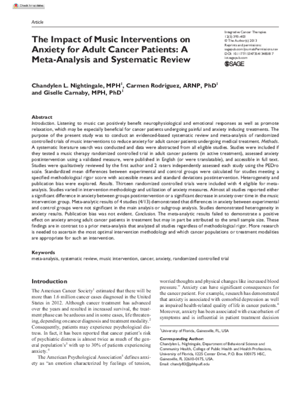 (PDF) The Impact of Music Interventions on Anxiety for Adult Cancer ...