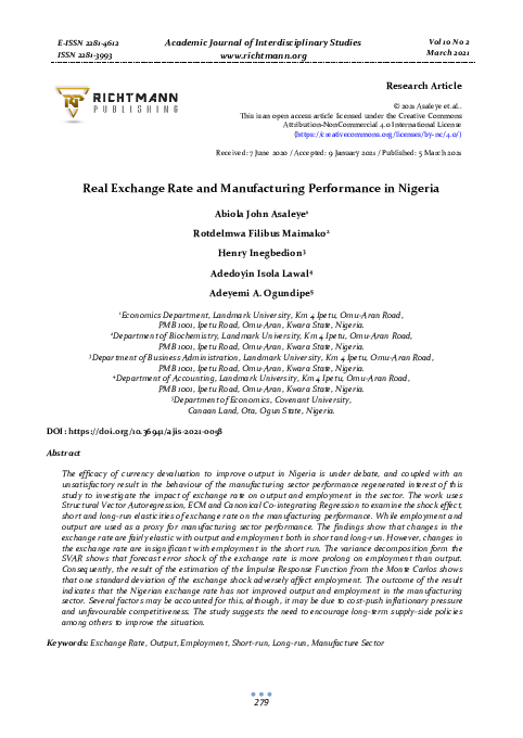 (PDF) Real Exchange Rate and Manufacturing Performance in Nigeria