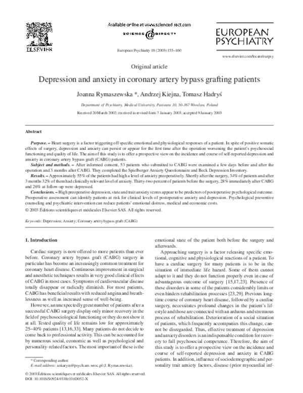 (PDF) Depression and anxiety in coronary artery bypass grafting patients