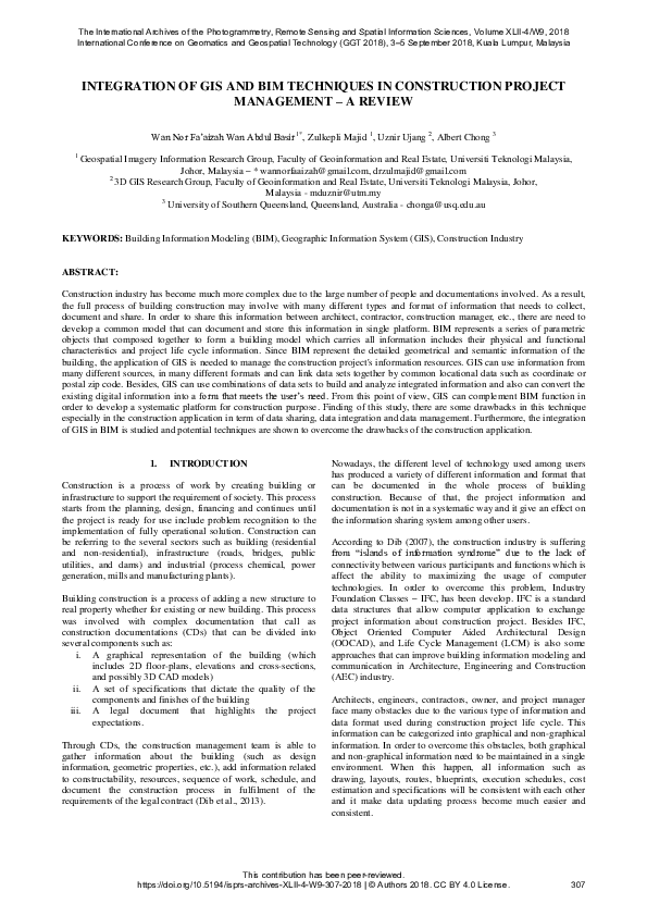 (PDF) INTEGRATION OF GIS AND BIM TECHNIQUES IN CONSTRUCTION PROJECT ...