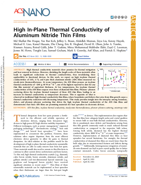 (PDF) High In-Plane Thermal Conductivity of Aluminum Nitride Thin Films