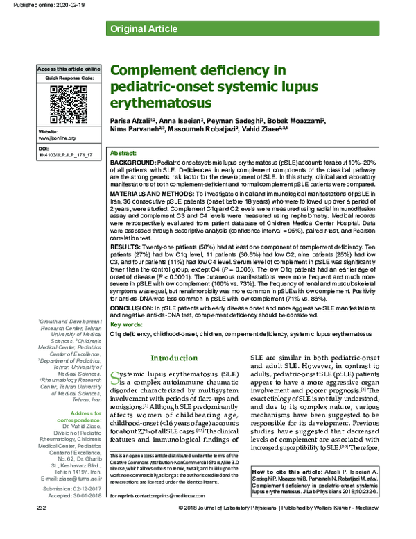 (PDF) Complement deficiency in pediatric-onset systemic lupus erythematosus