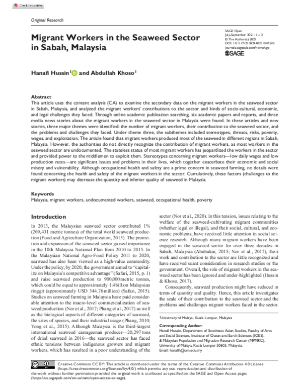 (PDF) Migrant Workers in the Seaweed Sector in Sabah, Malaysia