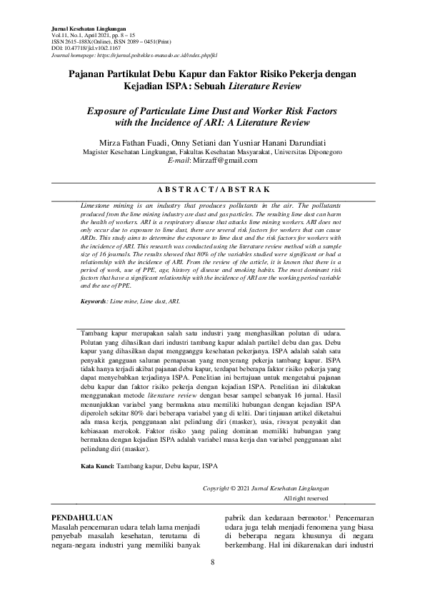 (PDF) Exposure of Particulate Lime Dust and Worker Risk Factors with