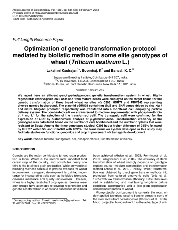 Optimization of genetic transformation protocol mediated by biolistic method in some elite genotypes of wheat (Triticum aestivum L.)