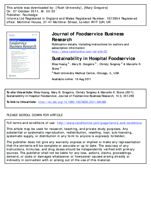 (PDF) Sustainability in Hospital Foodservice Christy Tangney