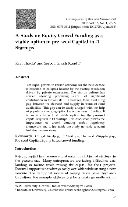 A Study on Equity Crowd Funding as a viable option to pre-seed Capital in IT Startups