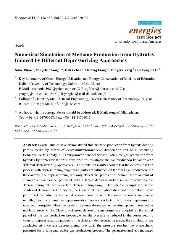 (PDF) Numerical Simulation of Methane Production from Hydrates Induced ...