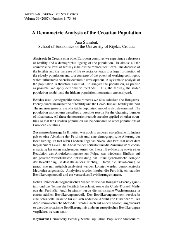 (PDF) A Demometric Analysis of the Croatian Population