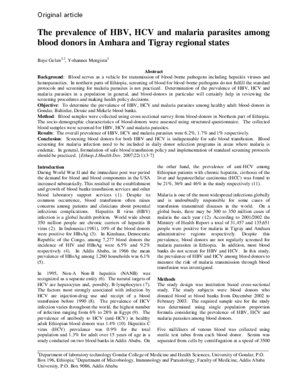 (PDF) The prevalence of HBV, HCV and malaria parasites among blood ...