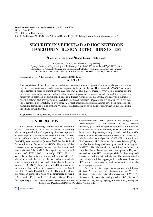 (PDF) Security in Vehicular Ad Hoc Network Based on Intrusion Detection ...