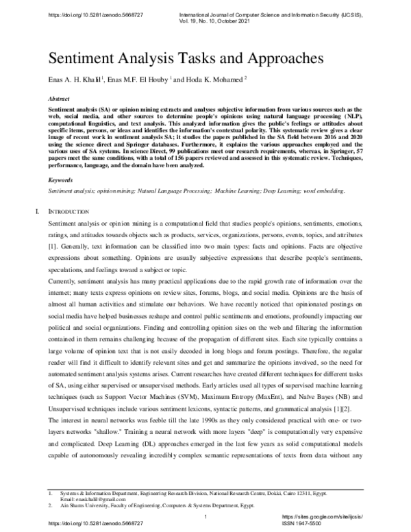 (PDF) Sentiment Analysis Tasks and Approaches