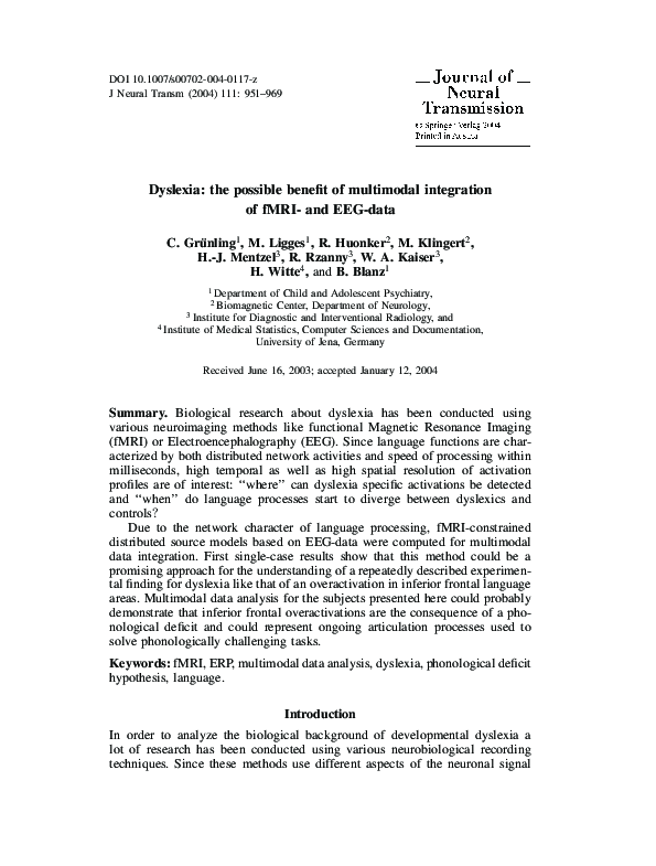 (PDF) Dyslexia: the possible benefit of multimodal integration of fMRI ...