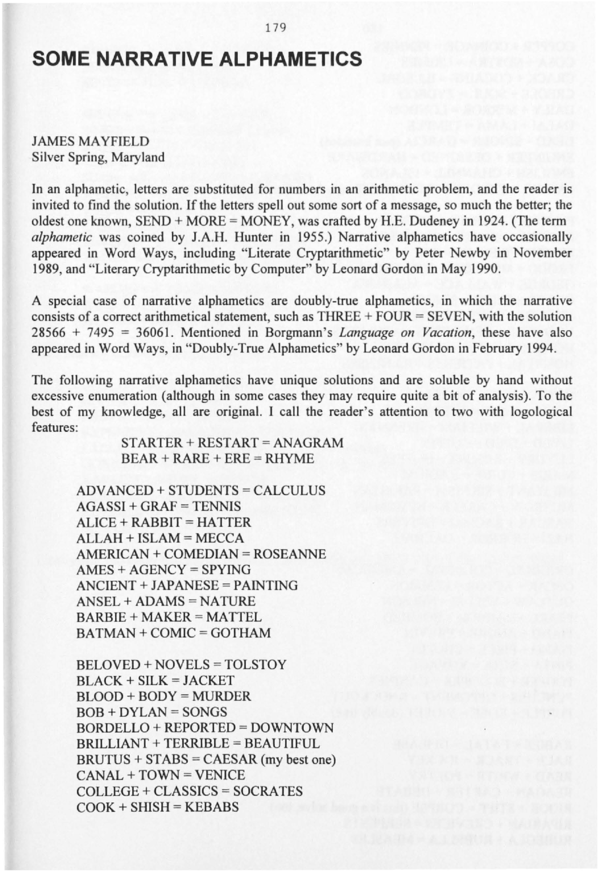 (PDF) Some Narrative Alphametics