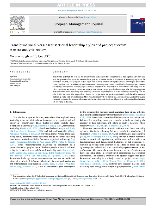 (PDF) Transformational versus Transactional Leadership Styles and ...