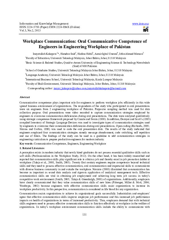(PDF) Workplace Communication: Oral Communicative Competence of ...