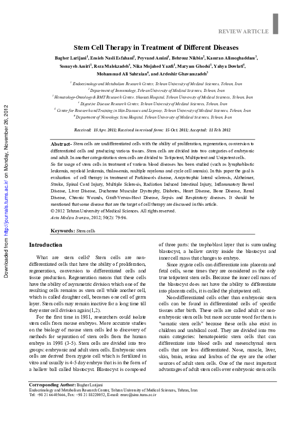 (PDF) Stem cell therapy in treatment of different diseases