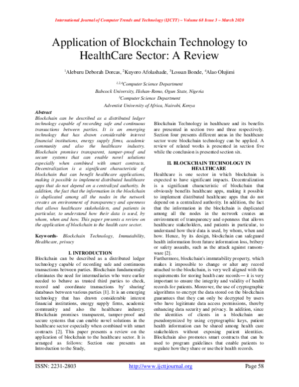 (PDF) Application of Blockchain Technology to HealthCare Sector: A Review