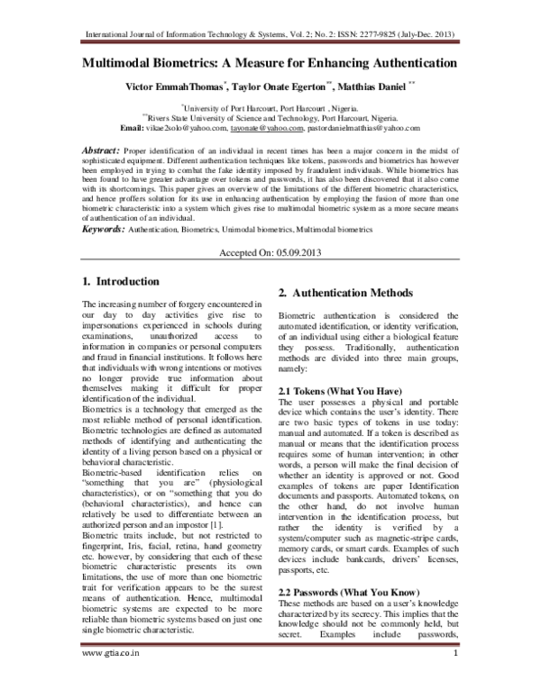 (PDF) Multimodal Biometrics: A Measure for Enhancing Authentication