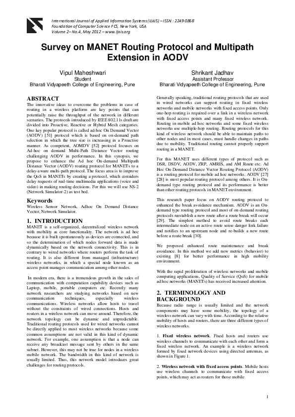 (PDF) Survey on MANET Routing Protocol and Multipath Extension in AODV}