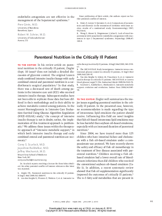 (PDF) Parenteral nutrition in the critically ill patient