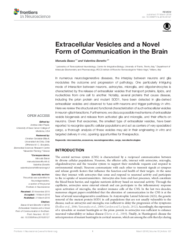 (PDF) Extracellular Vesicles and a Novel Form of Communication in the Brain