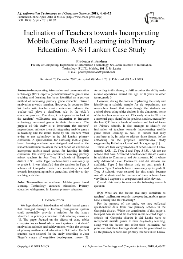 (PDF) Inclination of Teachers towards Incorporating Mobile Game Based ...