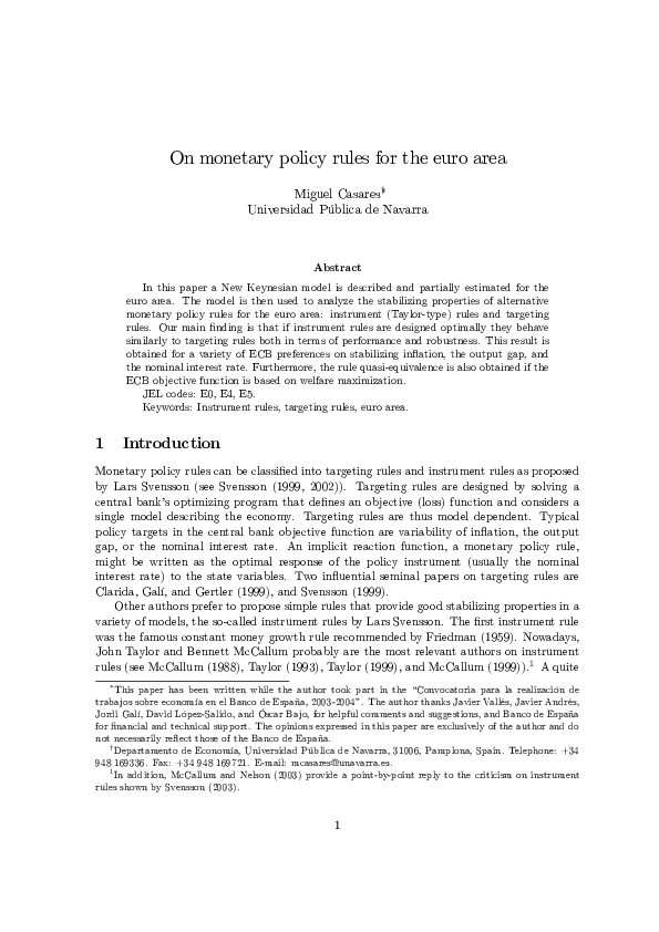 (PDF) On Monetary Policy Rules for the Euro Area
