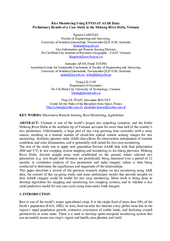 (PDF) Rice monitoring using ENVISAT-ASAR data: preliminary results of a ...