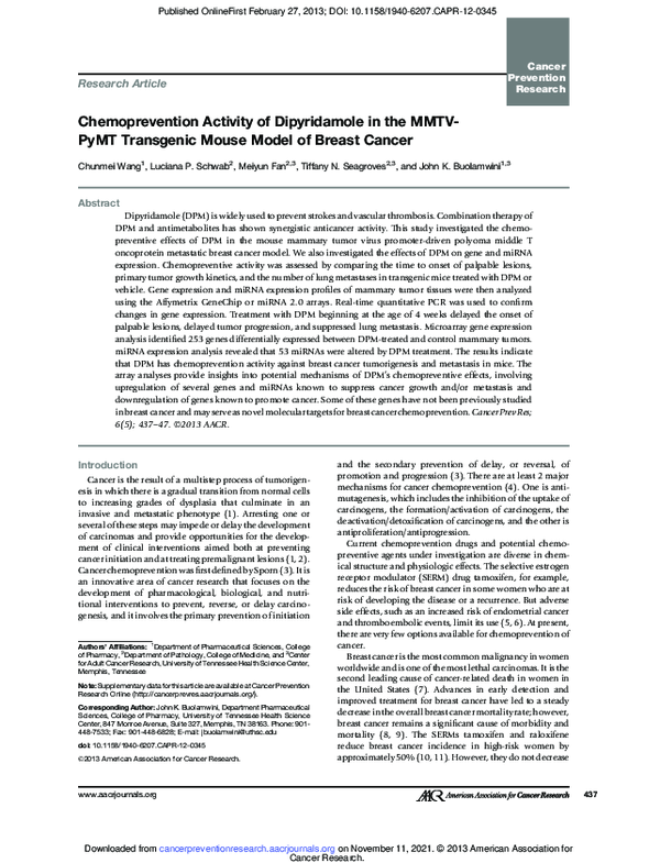 (PDF) Chemoprevention Activity of Dipyridamole in the MMTVPyMT Transgenic Mouse Model of Breast