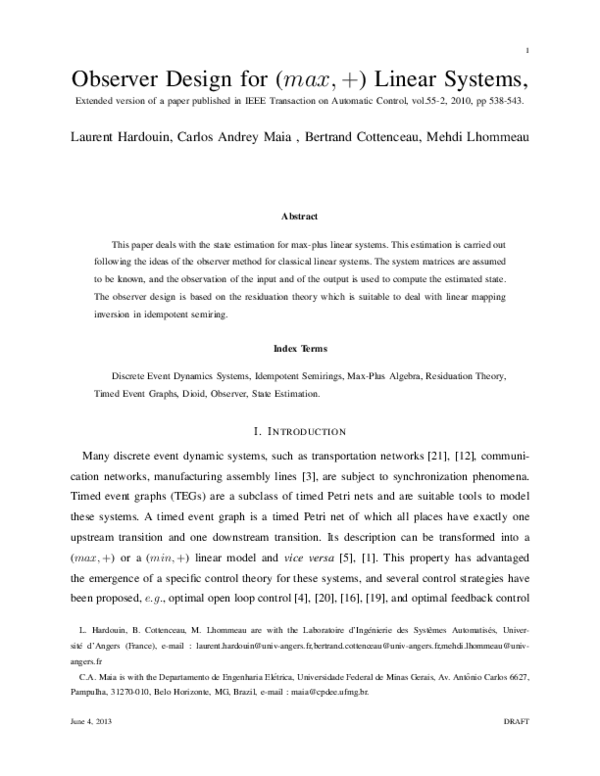 (PDF) Observer Design for (max,plus) Linear System