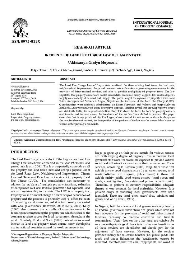 (PDF) INCIDENCE OF LAND USE CHARGE LAW OF LAGOS STATE Ganiyu M