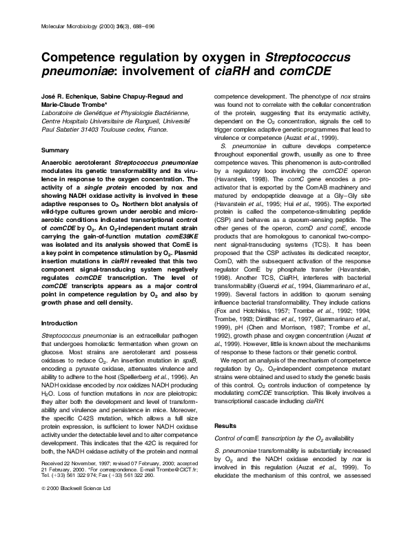 (PDF) Competence regulation by oxygen in Streptococcus pneumoniae ...
